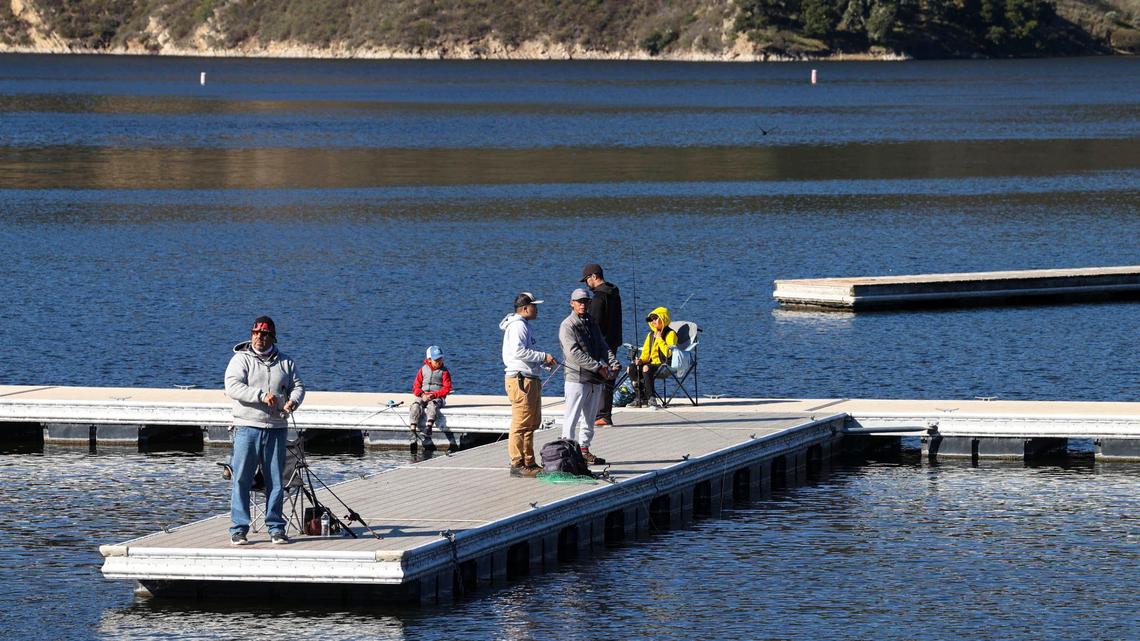 Anglers line the docks as Lopez Lake was at 96% capacity Jan. 5, 2024.