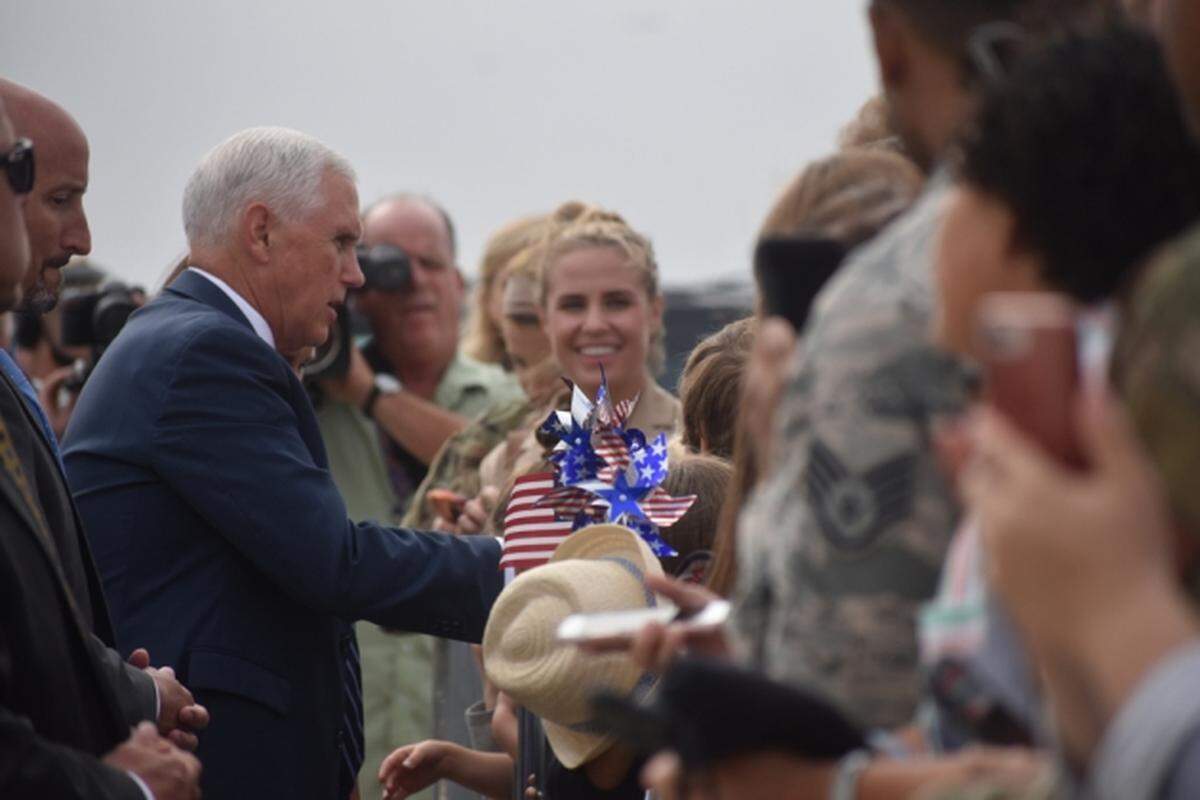 Vice President Mike Pence greets military families shortly after arriving at Vandenberg Air Force Base on Wednesday.