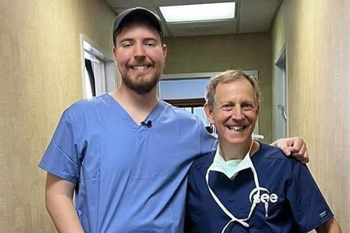 YouTube celebrity MrBeast, left, and Dr. Jeffrey Levenson, chief medical officer for SEE International, teamed up to provide cataract surgeries for 1,000 patients.