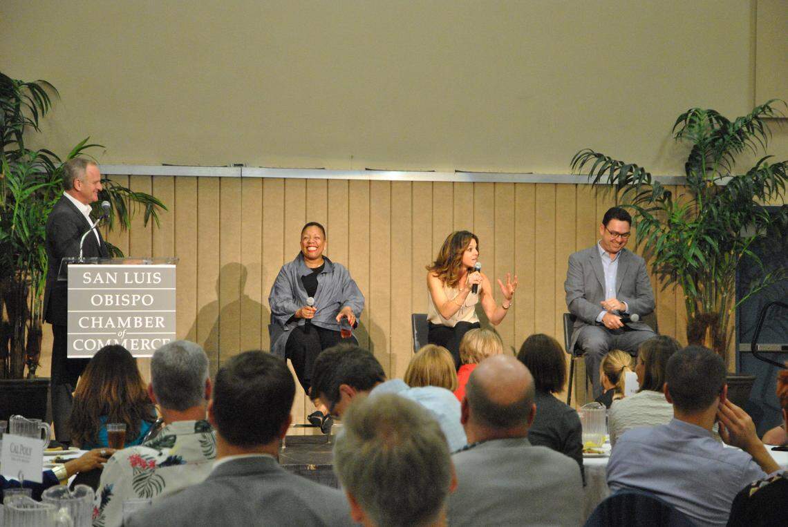 Former Sen. Sam Blakeslee (far left) moderates the San Luis Obispo Chamber of Commerce's State of State forum Friday, featuring political insiders Cassandra Pye, Amy Brown and John Myers.