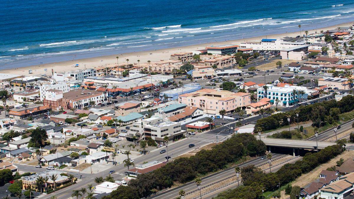 An aerial view of downtown Pismo Beach.