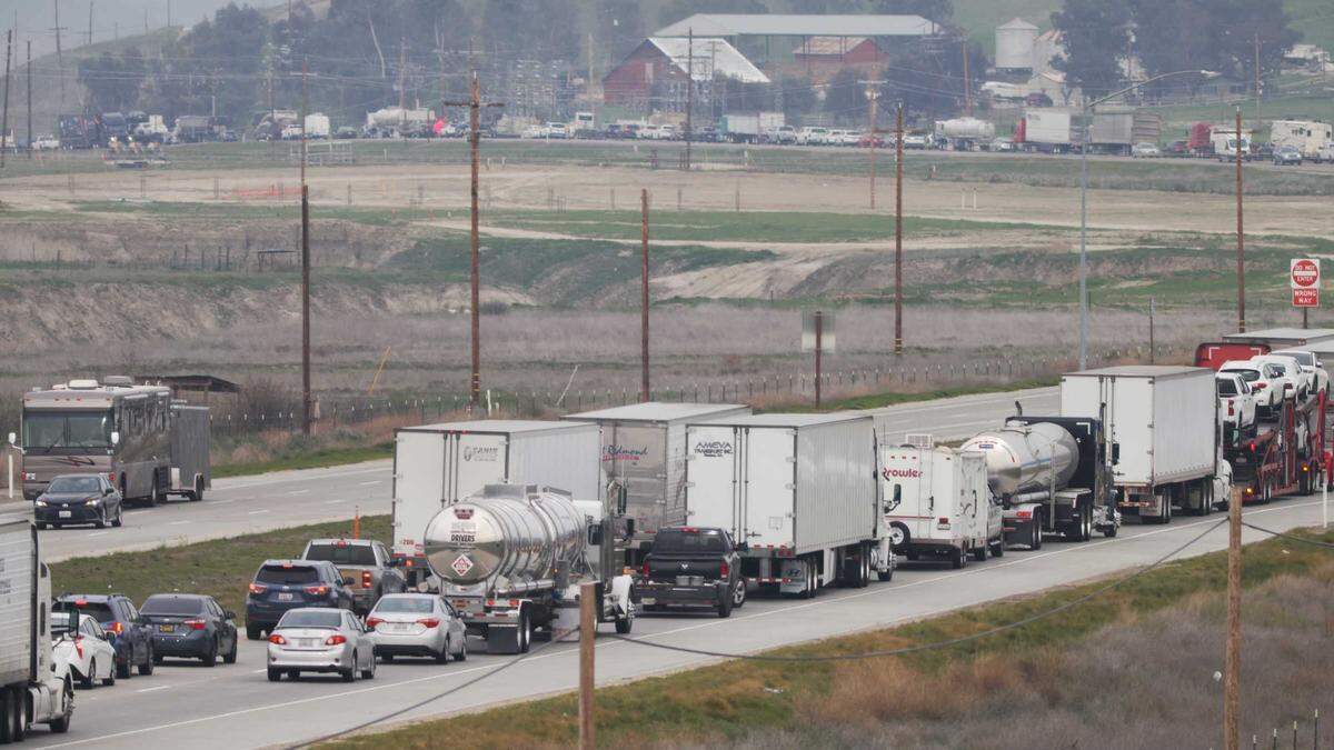 Traffic is stopped on Highway 46 east of Shandon Cemetery Road on Jan. 31, 2022, after one person was killed and three others were injured in a four-vehicle car crash.