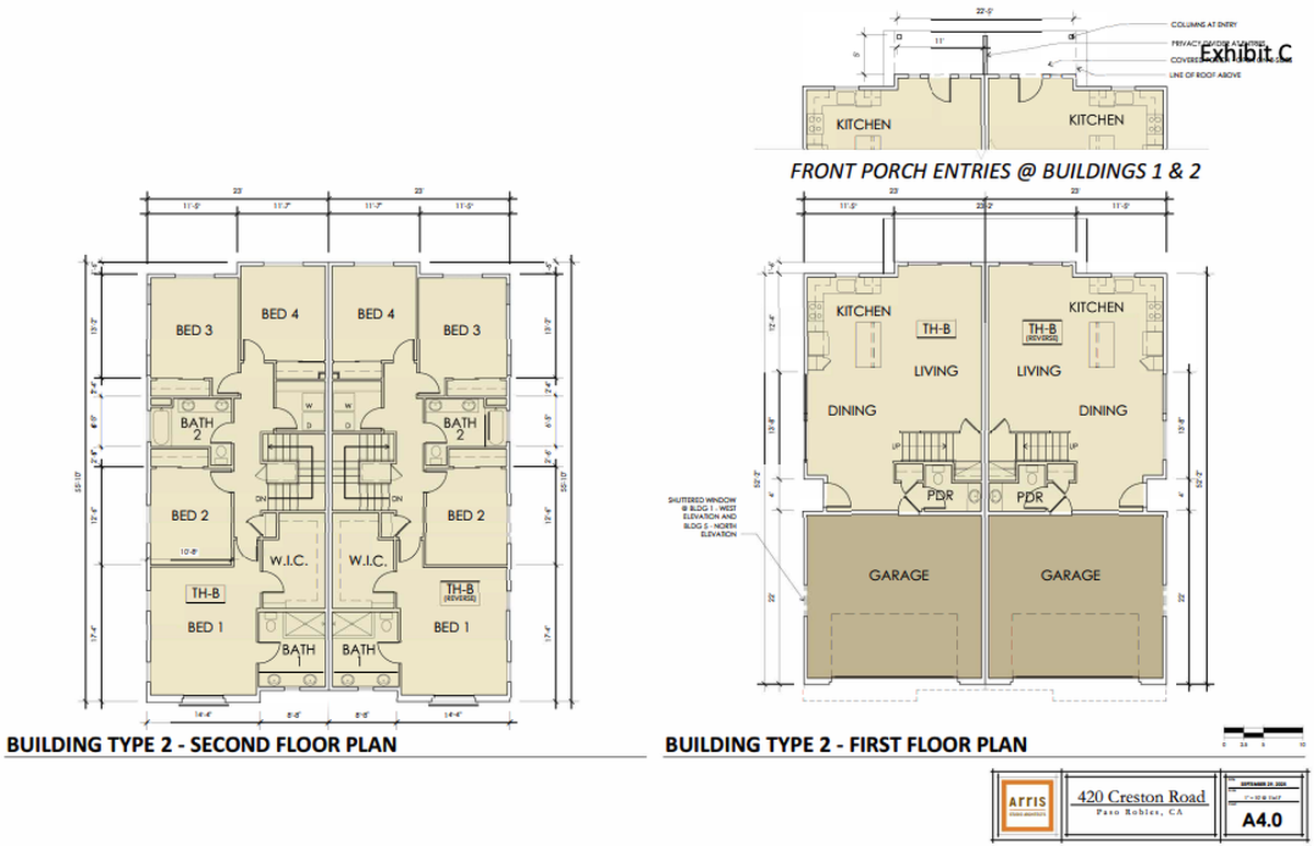 A new 24-unit duplex development from Montage Development Inc. is planned at 420 Creston Road in Paso Robles. The two-story units include 4 bedrooms and 2-1/2 baths.