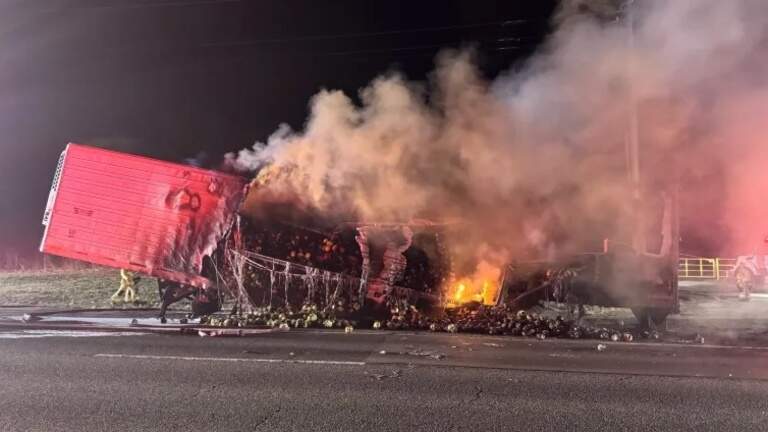 Fire burns semi-truck trailer packed with 35,000 pounds of produce on Hwy. 101