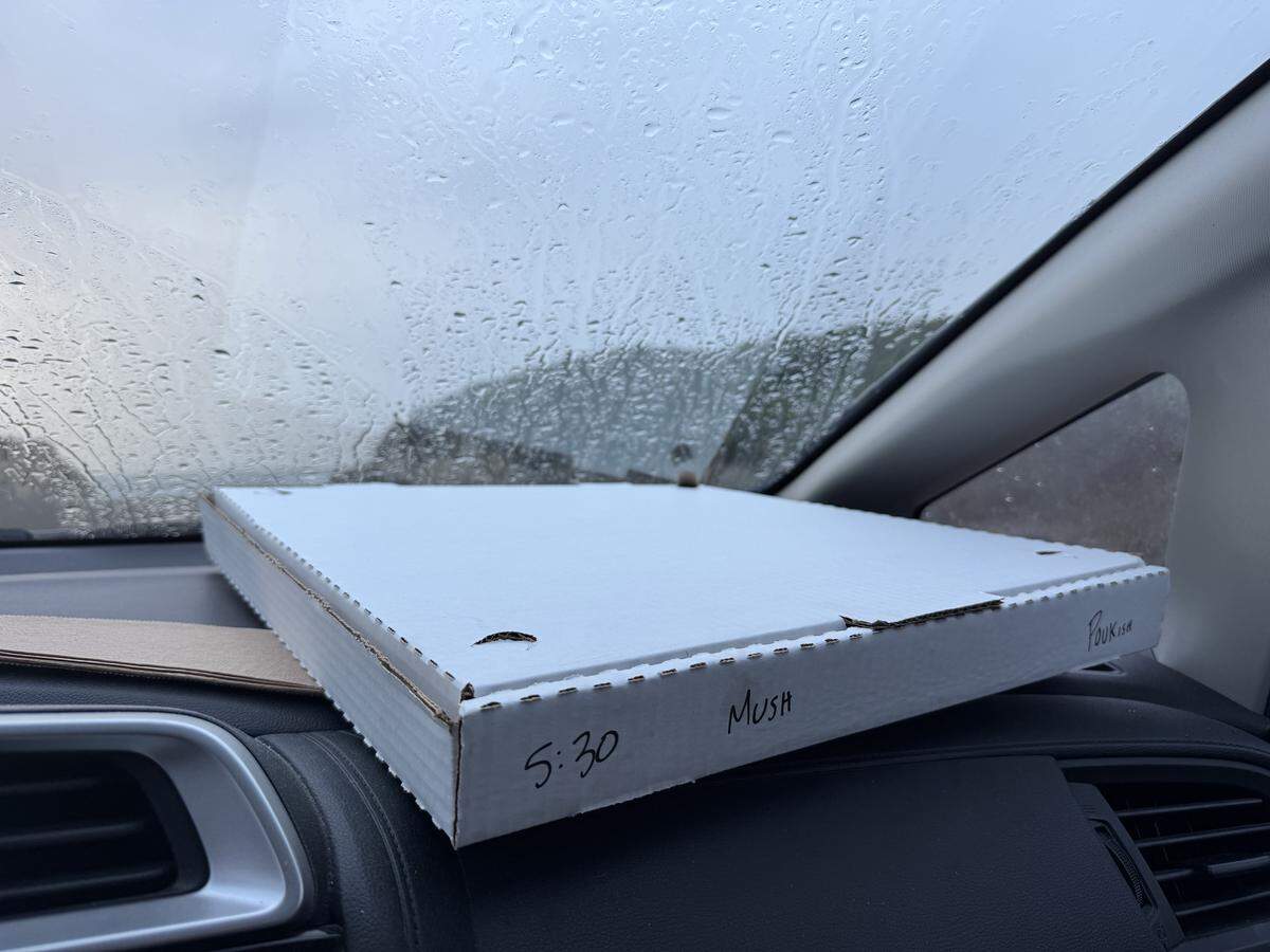 A pizza box from Wayward Baking perched on a dashboard at Spooner’s Cove, near Los Osos.