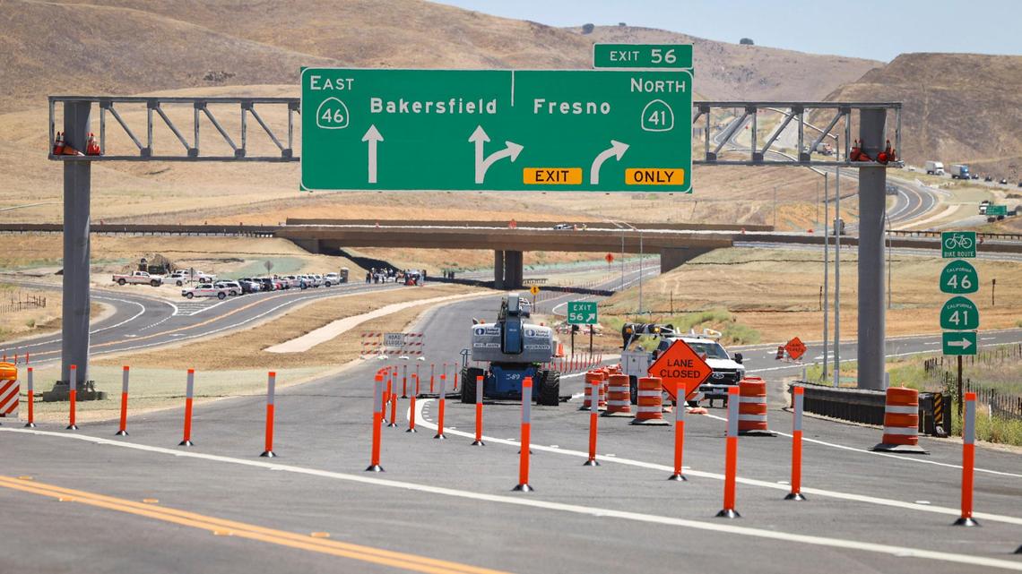 Traffic now seen at far right on Highway 46 East will be routed in the lanes to the far left through the new flyover interchange at the Cholame “Y.” Caltrans District 5 and the San Luis Obispo Council of Governments (SLOCOG) gathered at the new Highway 41/46 flyover interchange on June 11, 2025, to celebrate completion of the project. The ongoing highway widening work in eastern San Luis Obispo County is expected to be complete in 2026.