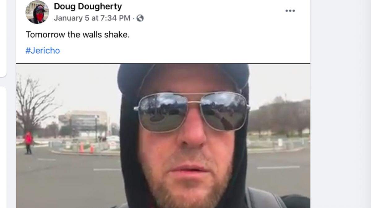 A screenshot from a video shows Doug Dougherty on his now-removed Facebook page. Dougherty resigned from his job leading the Orcutt Area Seniors in Service organization after reports about his attendance at a Jan. 6, 2021, rally at the U.S. Capitol in Washington, D.C., and related social media posts.