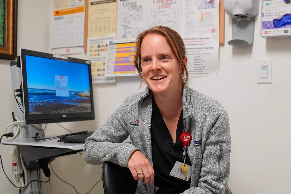 Community Health Centers family nurse practitioner Liz Benko sits in an exam room at CHC's medical area of 40 Prado Homeles Services Center, pictured here Thursday, Aug. 7, 2025. CHC provides urgent and primary care to homeless clients of 40 Prado Homeless Services Center.