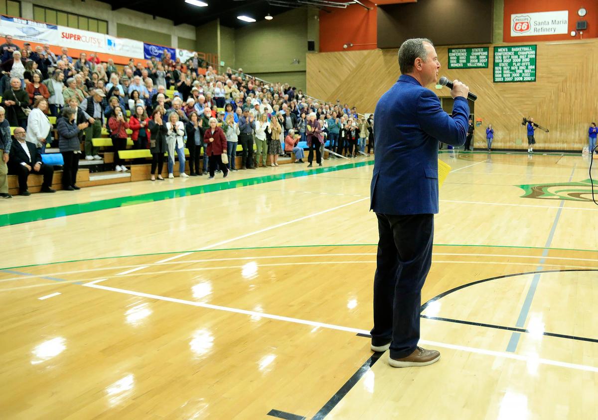 Sen. Adam Schiff and Congressman Salud Carbajal held a town hall at Cuesta College in San Luis Obispo on Tuesday, April 22, 2025. After the main event, Schiff answers a question from an overflow crowd inside Cuesta College’s gym.