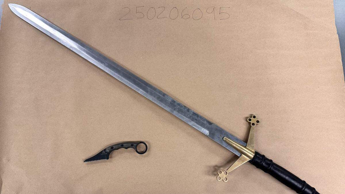 A man was arrested on Feb. 7, 2025, in San Luis Obispo after police found him with a concealing sword and knife under his clothing.