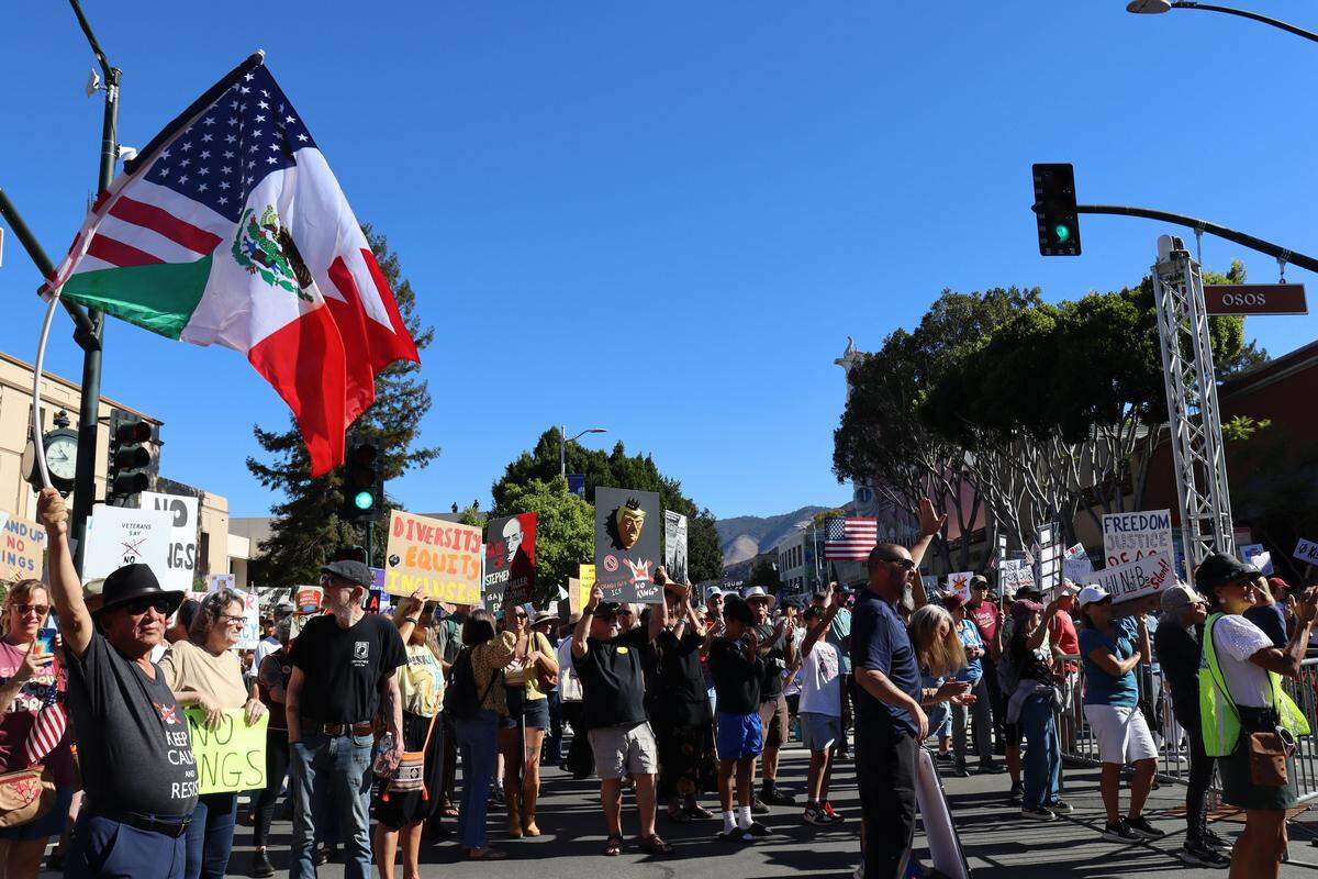 Thousands of people attended the No Kings rally in downtown San Luis Obispo to protest the Trump administration and support Prop. 50 on Oct. 18, 2025.