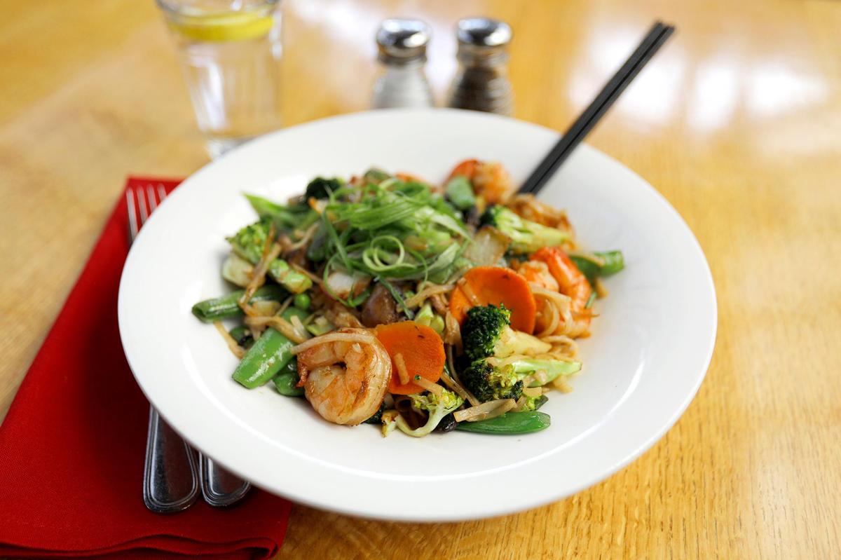 Robin’s in Cambria, CA is celebrating its 40th anniversary. Pictured is Prawn Chow Wok flashed with market vegetables, pasta, and seasoned with garlic, ginger & soy.