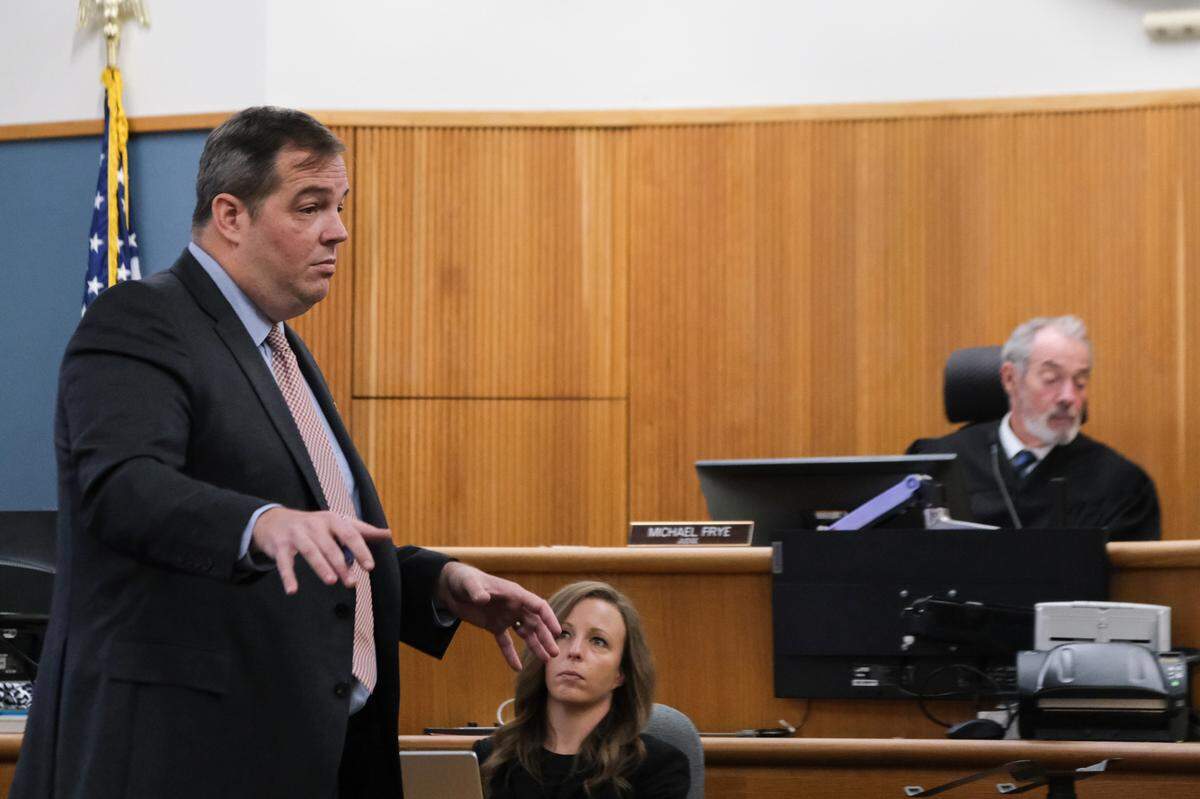Defense Attorney Scott Taylor gives opening statements in the trial against his client Nathan Abate in San Luis Obispo Superior Court on Oct. 4, 2024. Abate is charged with sexually assaulting multiple women.