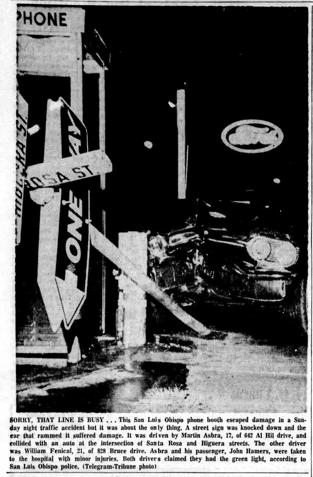 Collision with a street sign in the April 15, 1963, Telegram-Tribune shows the black-and-white San Luis Obispo city street signs.