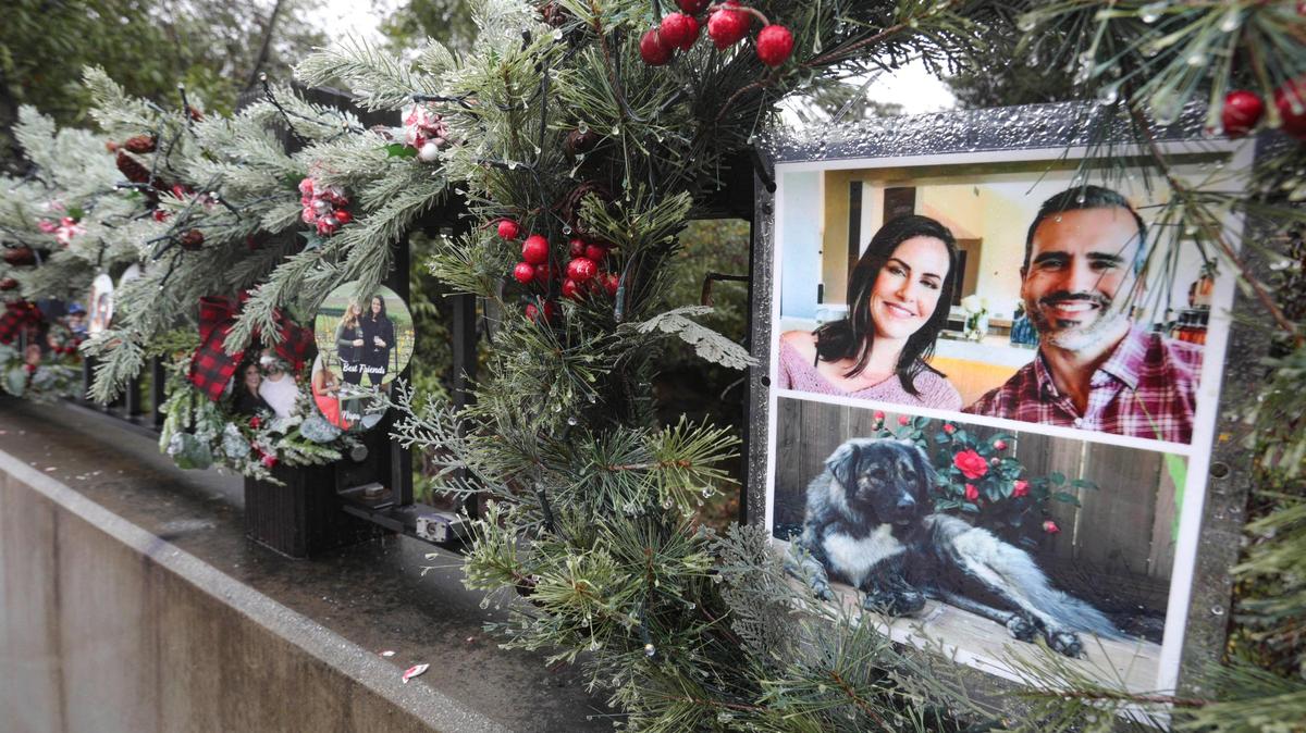 Jennifer Besser and Matthew Chachere are remembered with a memorial on Sacramento Drive where they were killed by car that ran off the road while they were walking their dog, Buddy, two years ago. Decorated by the mothers of the victims, seen here Nov. 26, 2023.