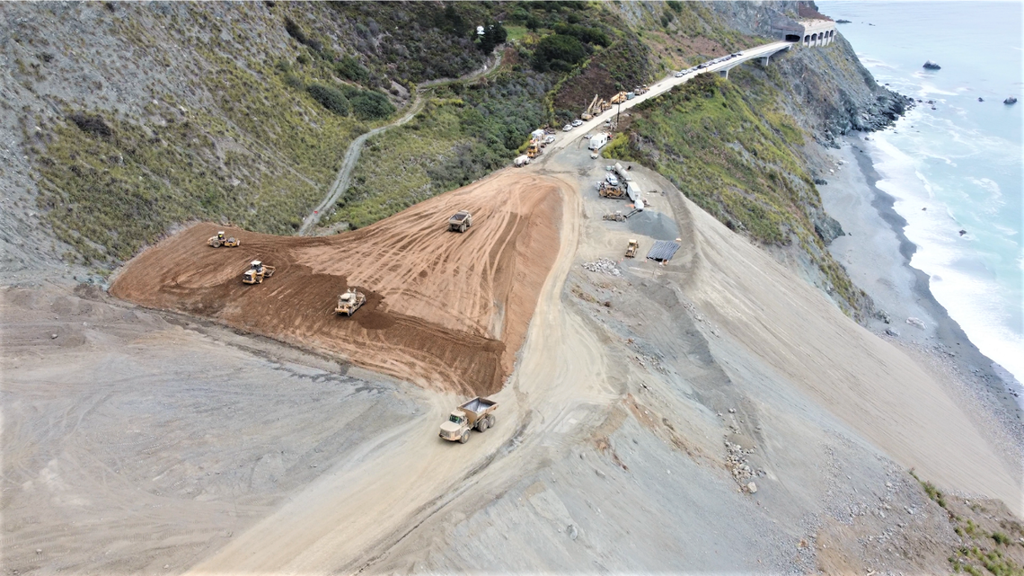 Road repairs continue at the south end of Paul’s Slide on Highway 1 near Big Sur. The highway has been closed between Limekiln State Park and Lucia in Monterey County since January.