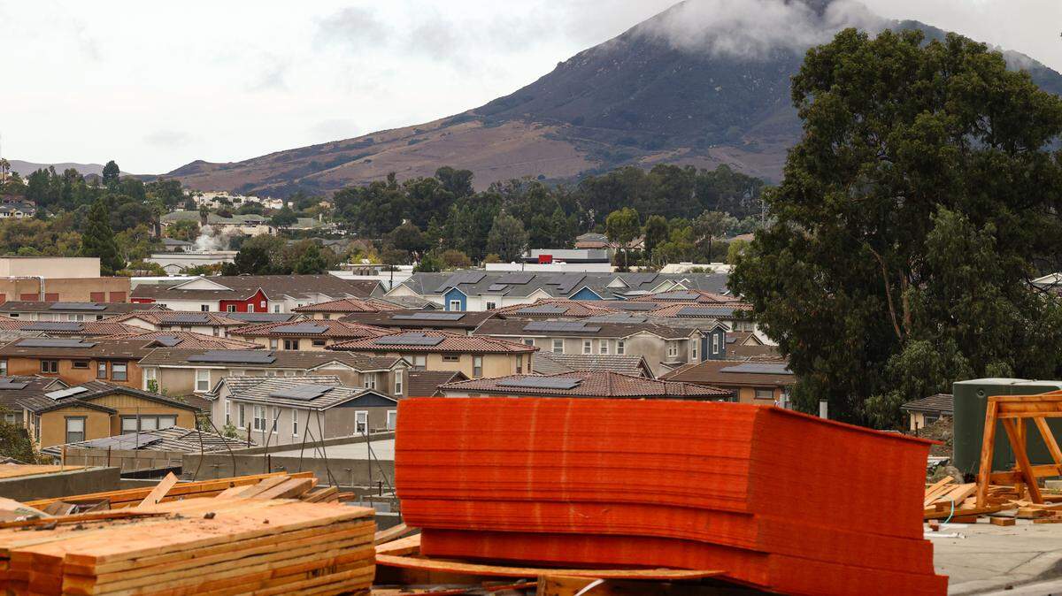 Construction lumber is seen at the Righetti Ranch development in San Luis Obispo.