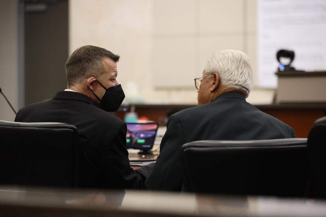 Paul Flores (left) and Ruben Flores inside the courtroom during the trial against them in the Monterey County Superior Court in Salinas on Aug. 25, 2022. The two are charged in connection with the 1996 murder of Cal Poly student Kristin Smart.