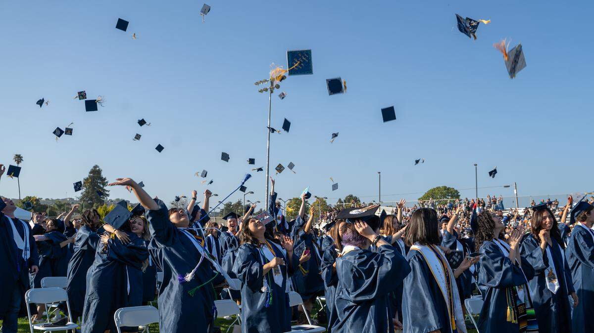 Arroyo Gande High School graduates toss their caps into the sky at the end of graduation ceremonies on Thursday, June 4, 2026. 443 seniors walked the stage at Doug Hitchen Stadium.