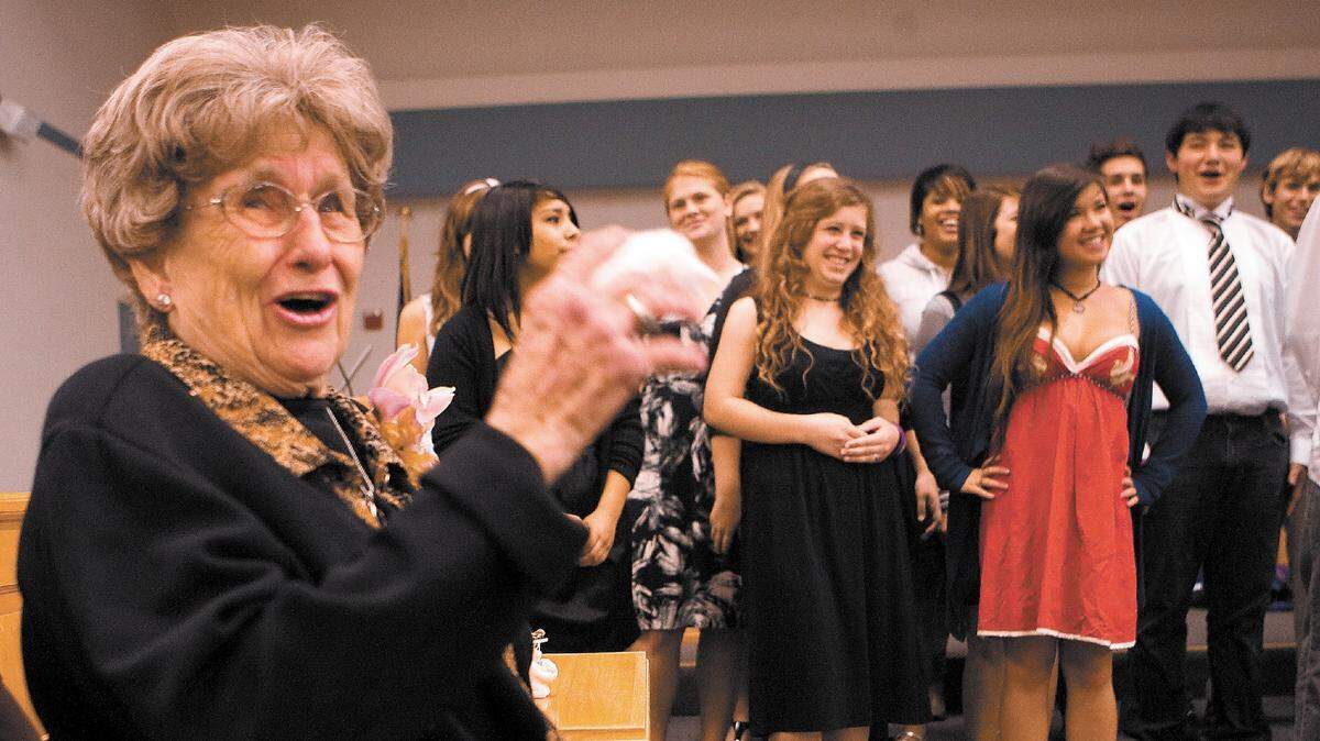 Longtime Lucia Mar Unified School District board member Georgie O’Connor smiles during her last school board meeting in 2010. O’Connor died July 8, 2018, at age 95.