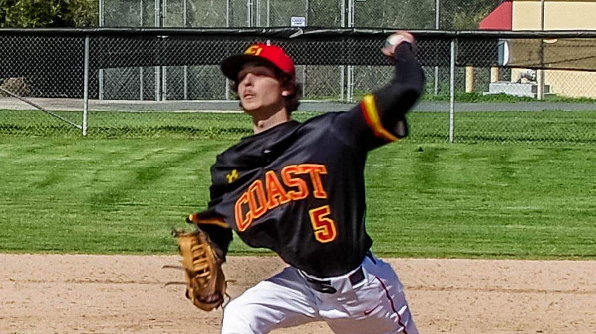 Coast Union High School senior Robert Saunders pitched the final five innings in the Broncos’ 5-4 win over Valley Christian Academy on Thursday, April 27, 2023, which gave Coast Union the championship of the Coast Valley League.