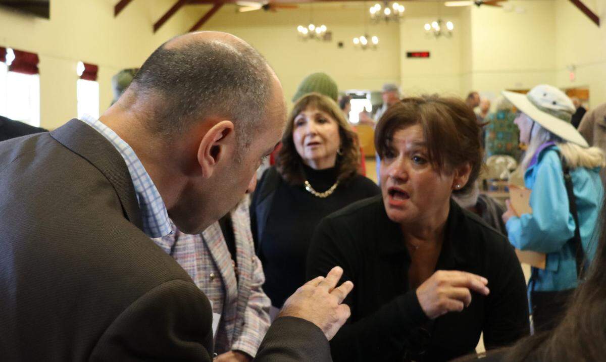 Congressman Jimmy Panetta, D-Santa Cruz, answers questions after giving a town hall speech at the Cambria Veterans Hall on March 21, 2025, to address his constituents questions and concerns about what is going on in Congress during the first months of the Trump administration.