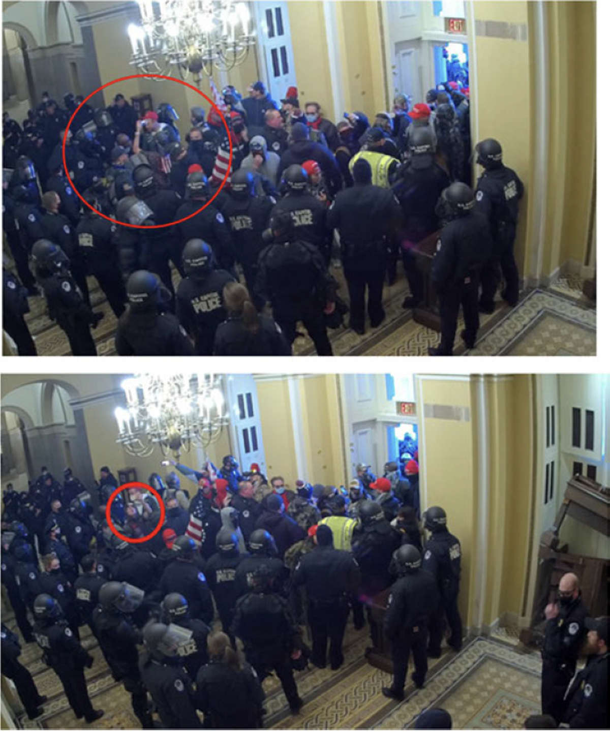 Cameron Clapp, circled, inside the U.S. Capitol building on Jan. 6, 2021. Screenshot taken from federal court records filed Jan. 31, 2024.