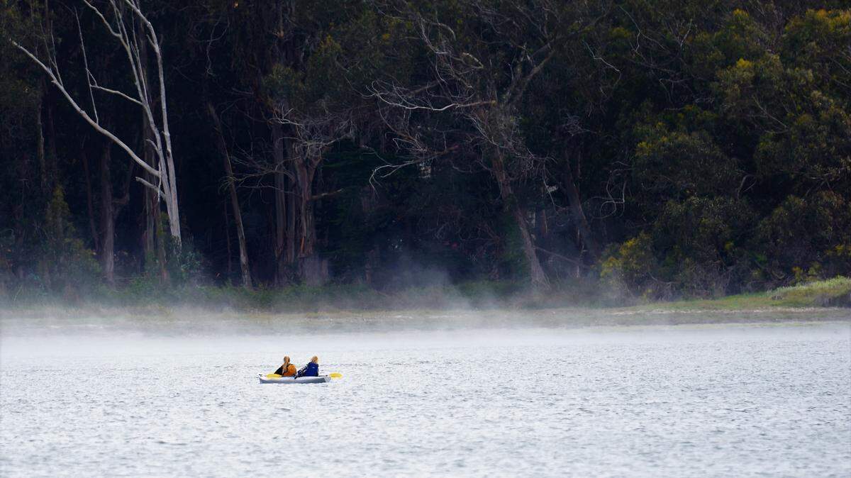 Chloe and Trish Lindsey kayak though mist in Morro Bay.