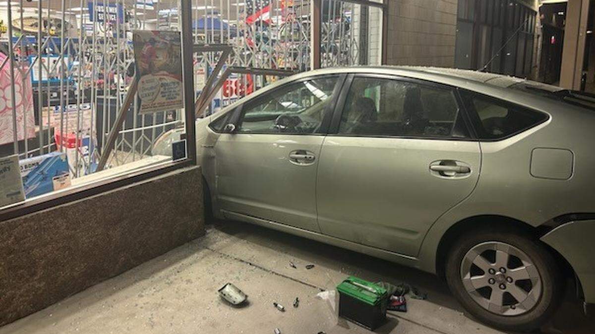 Police are looking for a San Luis Obispo man they say crashed his Prius into Big 5 Sporting Goods at the Marigold Center and then made off with seven guns, which were found in a nearby field.