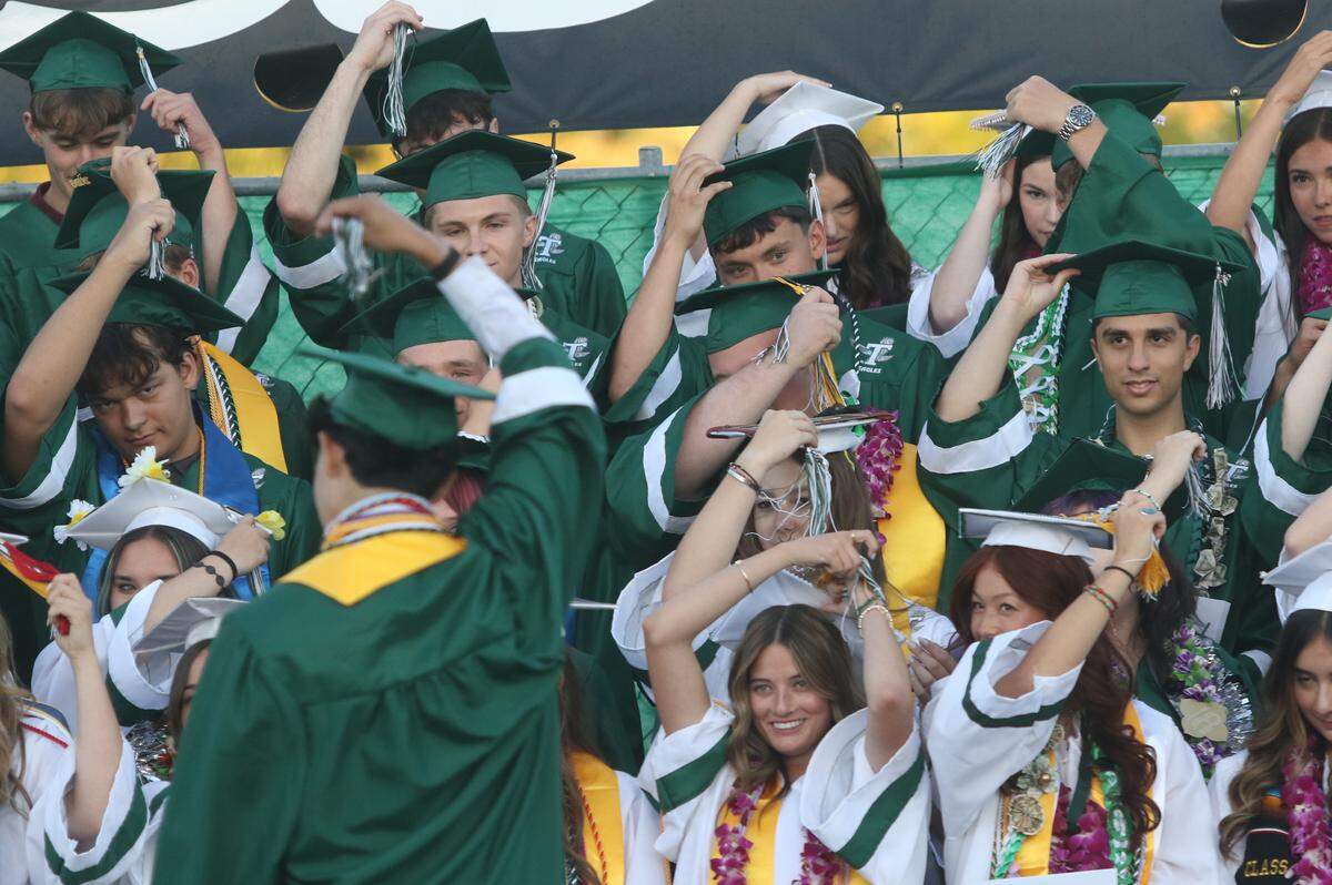 Templeton High School seniors turn their tassels at their commencement ceremony on June 4, 2026, where 186 students graduated. They are led by “Eagle of the Year” award winner Ambrose Galaviz IV.