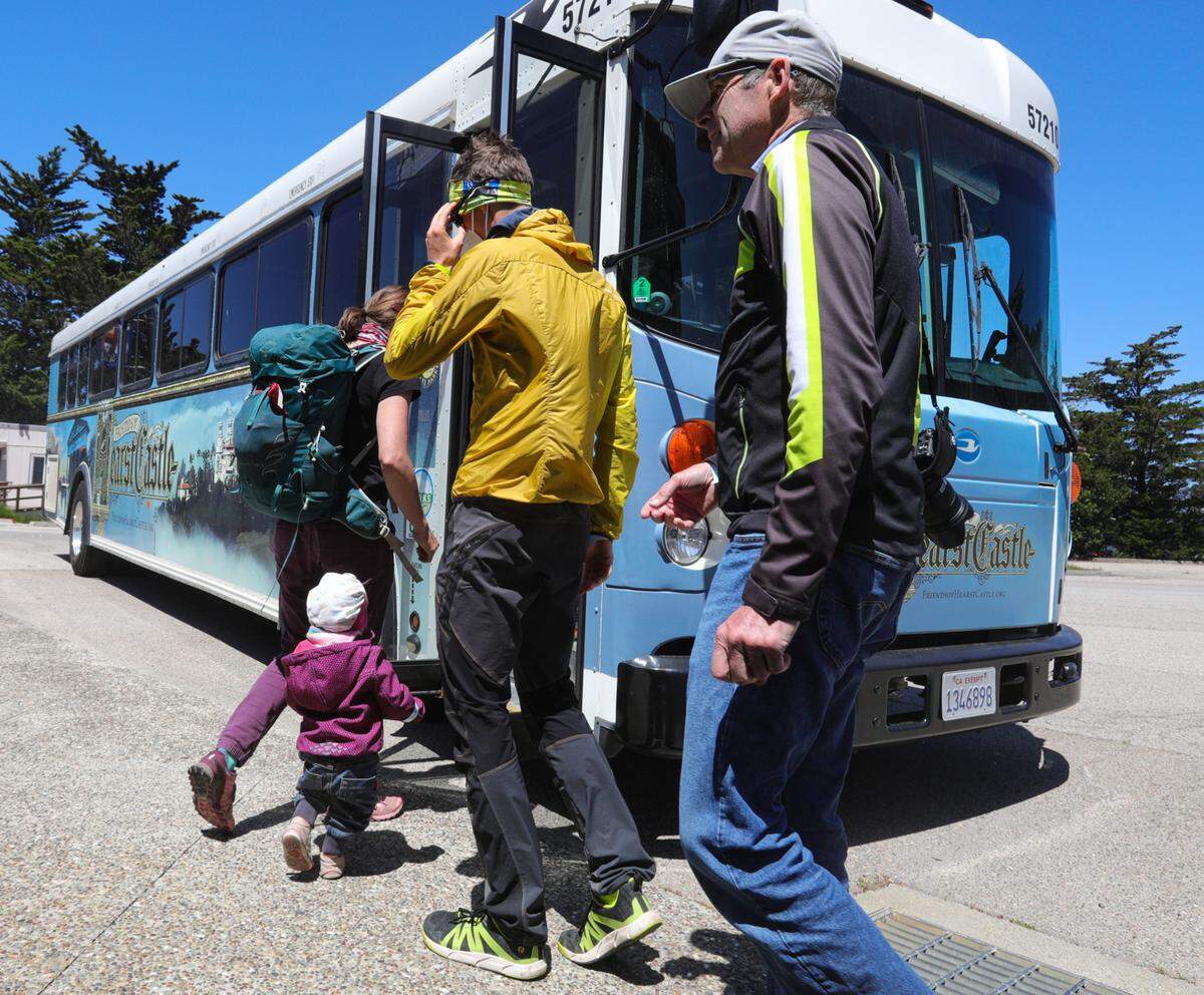 Visitors board the tour bus to Hearst Castle, which reopened Wednesday, May 11, 2022, after a two-year closure due to COVID-19 and road repairs.