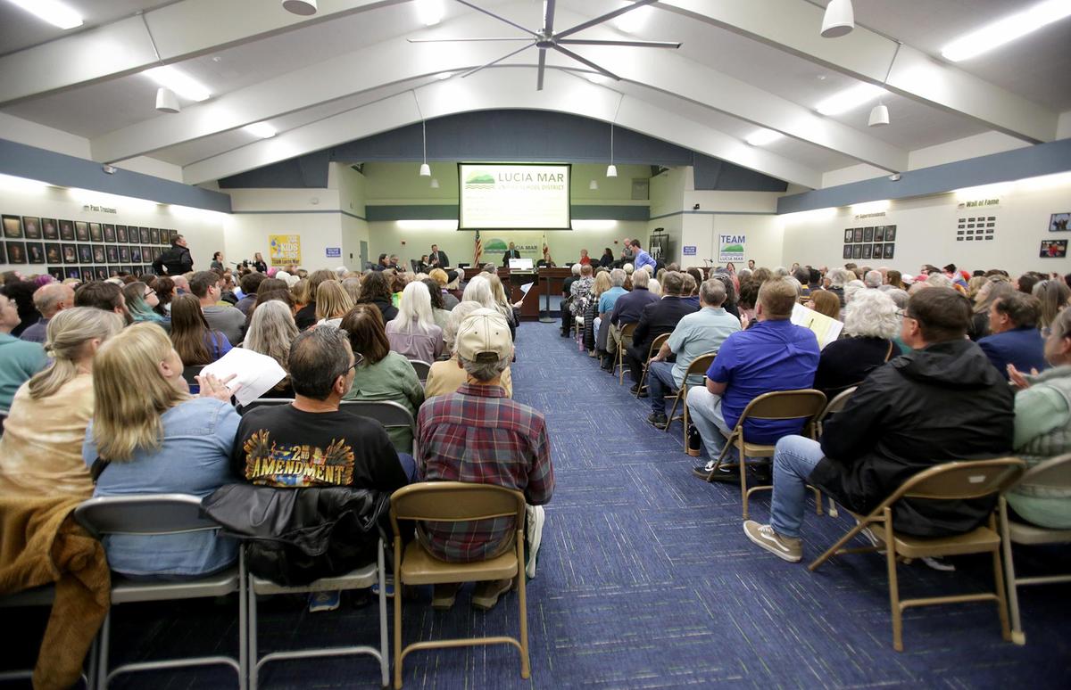A contentious Lucia Mar Unified School District board meeting on May 6, 2025, kicked off with crowds of people rallying outside the board room over the issue of transgender students’ participation in school sports and use of the bathrooms and locker rooms that align with their gender identities.