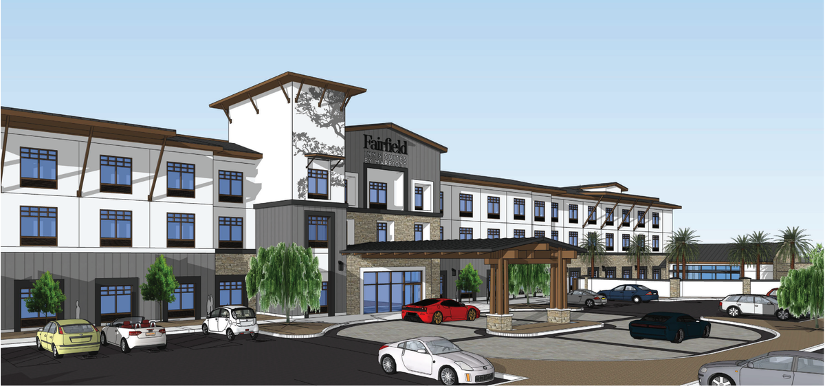 Renderings from developer Kamla Hotels and architecture firm AO show a proposed three-story, 125-room Fairfield Inn & Suites by Marriott hotel planned for construction at 400 W Branch St. in Arroyo Grande.