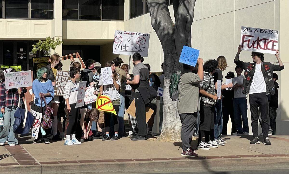 Groups of students marched through downtown San Luis Obispo on Jan. 30, 2026, as part of a nationwide strike protesting Immigration and Customs Enforcement funding and actions.