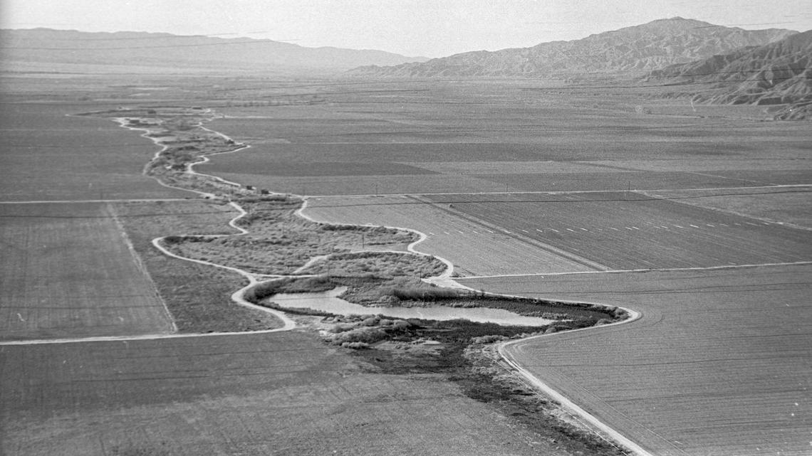 The Cuyama River collects water from 425 square miles of surrounding mountains. The valley sees as little as 5 inches of annual rainfall in areas, and the area water table was falling in Feb. 19, 1982 due to over-pumping for water hungry crops like alfalfa.