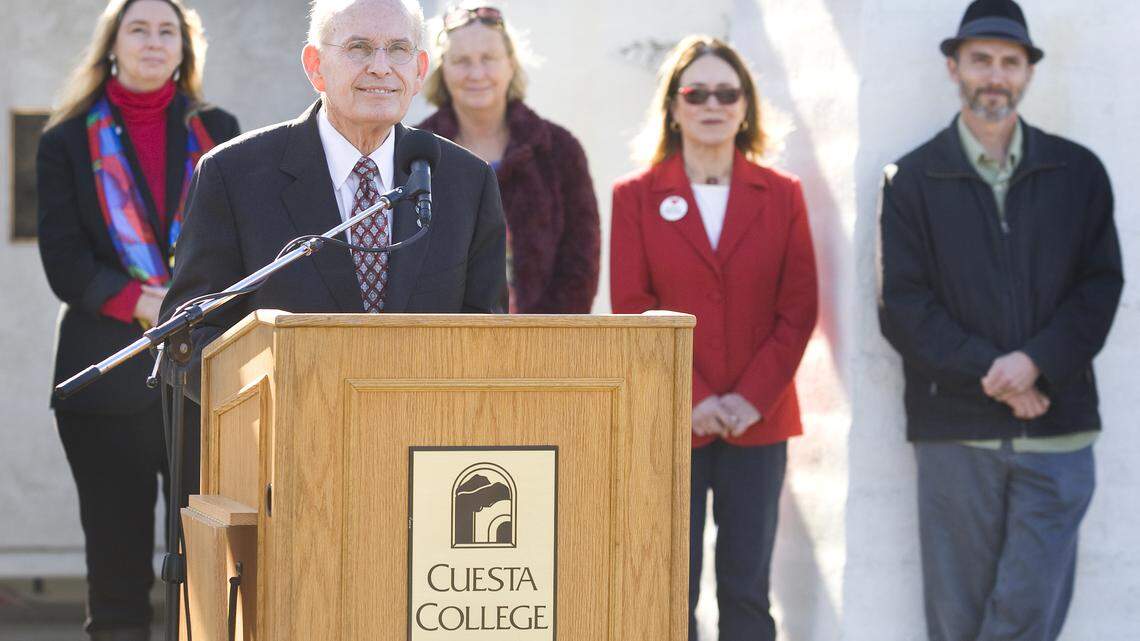With board members, faculty and staff watching, Cuesta College President Gil Stork on Monday, Feb. 10, 2014, announced that the college had satisfied accreditation requirements.