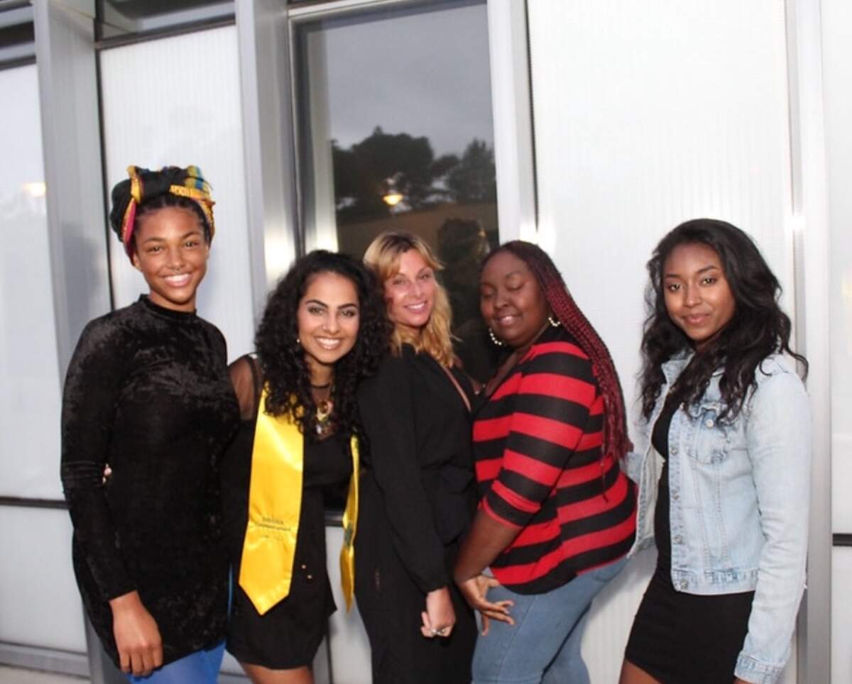 Tianna Arata and her mom went to Ariana Afshar’s Cal Poly commencement when her mom couldn’t due to debilitating cancer treatments. From left to right: Tianna Arata, Ariana Afshar, Michelle Arata, Latosha Reed and Leiyahna Jefferson.