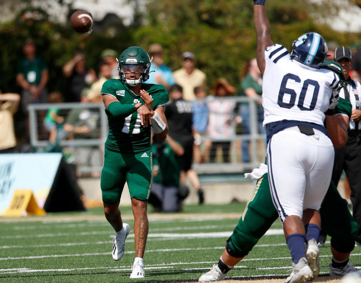 Cal Poly quarterback Jaden Jones throws a pass in the Mustangs’ 28-27 comeback win over the University of San Diego at Alex G. Spanos Stadium in San Luis Obispo on Saturday, Sept. 10, 2022. Jones had four touchdowns in the win.