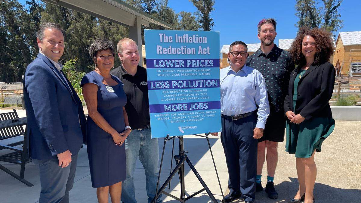 From left to right: San Luis Obispo Chamber of Commerce president and CEO Jim Dantona, San Luis Obispo County District 3 Supervisor Dawn Ortiz-Legg, San Luis Ranch general manager Josh Bivin, Congressman Salud Carbajal, Erin Pearse of Cal Poly and San Luis Obispo Mayor Erica Stewart, after a press conference about the Inflation Reduction Act on Aug. 11, 2022.