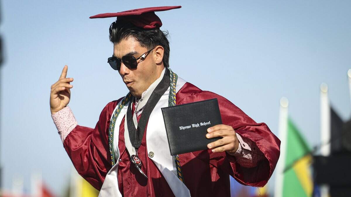 Raymond Marquez celebrates picking up his diploma. Nipomo High School issued diplomas to 198 graduates on June 5, 2026.