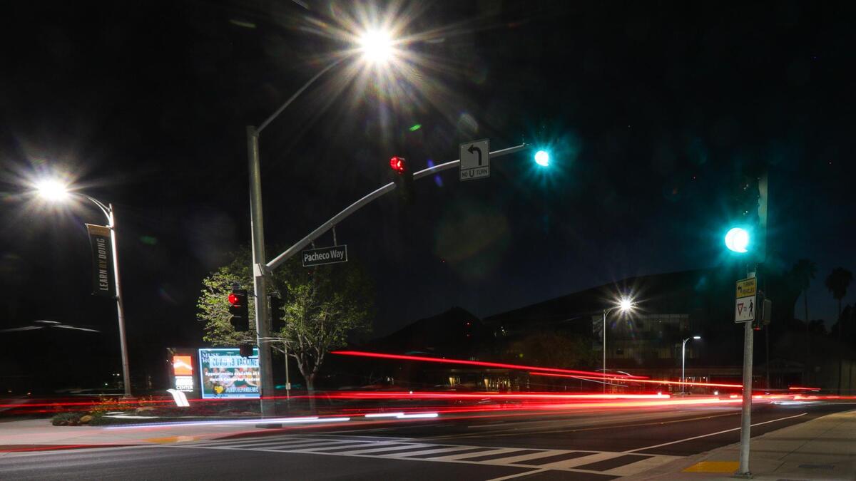 Traffic streaks down Grand Ave. near the Vista Grande Dining Complex in a three-second long exposure.