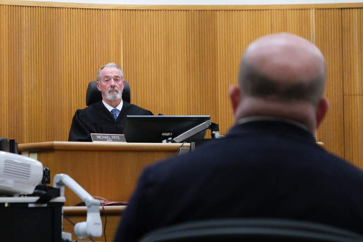 San Luis Obispo Superior Court Judge Michael Frye listens to defense attorney Kevin Gres argue that his client, James Peter Thomas, should be allowed to withdraw his no contest plea to sexual battery on June 5, 2024, in the San Luis Obispo Superior Court. Thomas was convicted of groping his coworker, Carrie Young, while working as a fire captain at Cal Fire.
