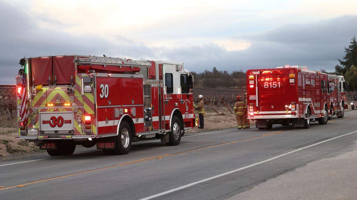 At least one person was dead after a vehicle crashed into a fence and caught fire next to a winery on Creston Road in rural San Luis Obispo County on Feb. 3, 2025. California Highway Patrol, pictured, responded to the scene, along with the SLO County Sheriff-Coroner, Cal Fire and the Paso Robles Fire Department.