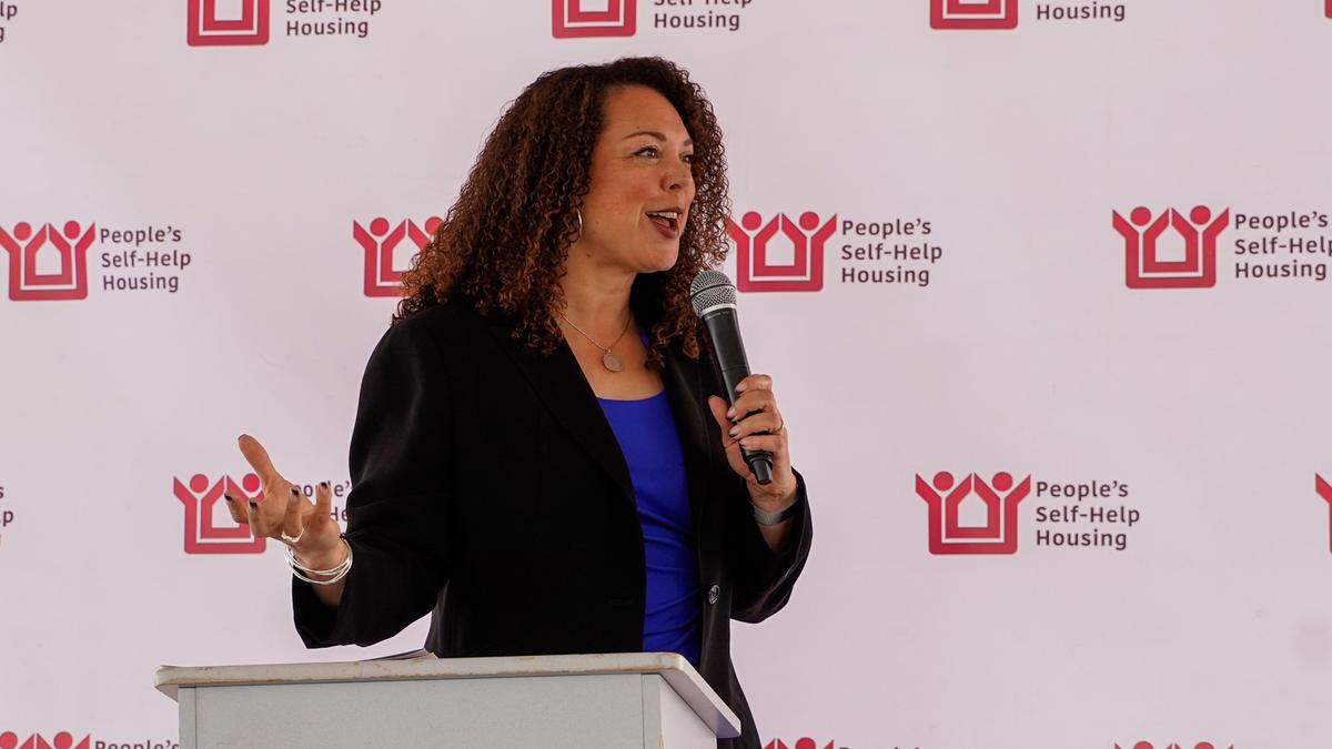 San Luis Obispo Mayor Erica Stewart speaks at the opening of Broad Street Place, a People’s Self-Help Housing affordable housing development, Jan. 20, 2024.