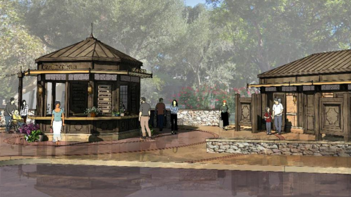 A rendering shows the planned improvements at San Luis Obispo’s Mission Plaza. A construction project will replace the existing public restrooms and add a new cafe kiosk plus outdoor seating.