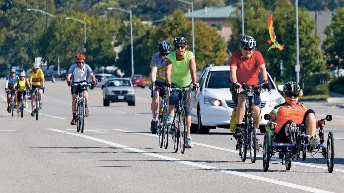 Members of the Tortoise group of the SLO Bicycle Club take a ride along Broad Street in San Luis Obispo.