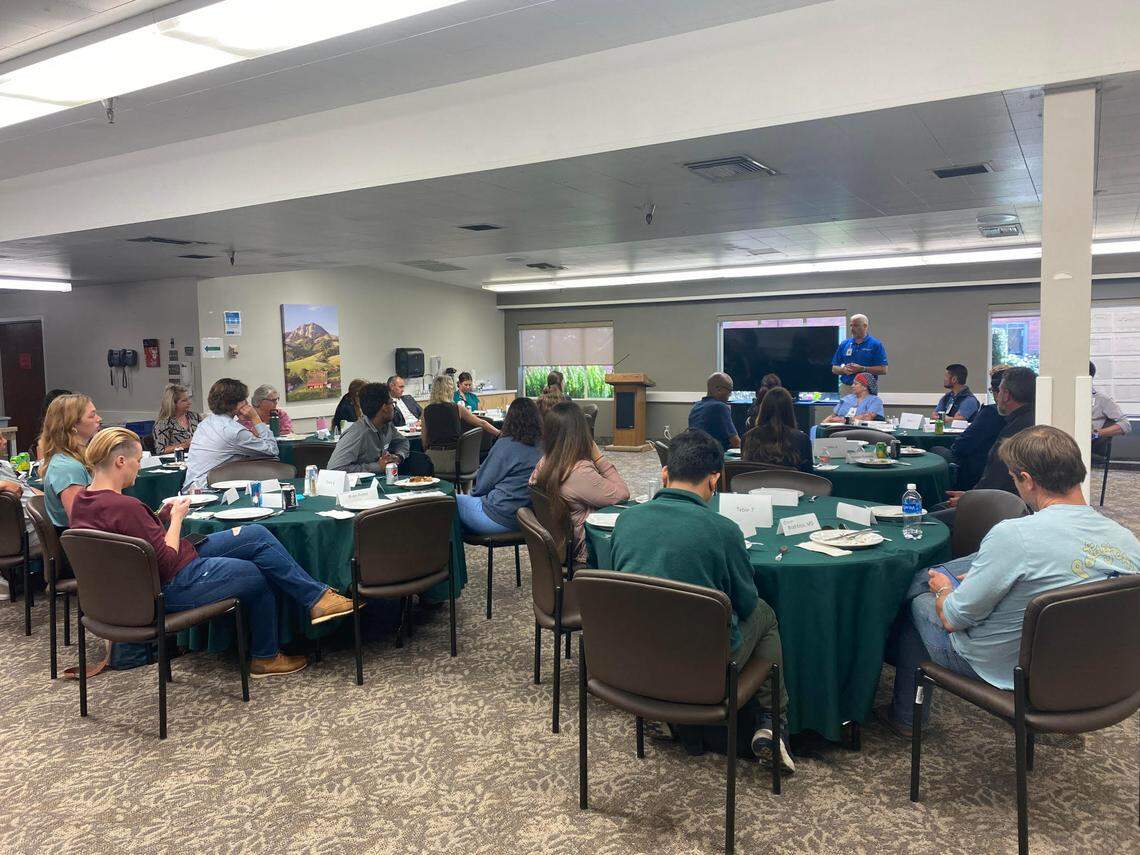 Mark Lisa, CEO of Tenet Healthcare’s Central Coast market, addresses Cal Poly bio engineering students and Sierra Vista Regional Medical Center employees participating in the clinical immersion program. The kick-off meeting took place at Sierra Vista Regional Medical Center on July 5, 2023.