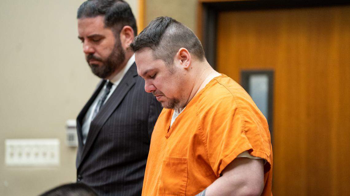 Justin Buchanan cries while reading a statement to the family of his stepmother Kelly Buchanan in court on Tuesday, Dec. 2, 2025. Justin was sentenced to 30 years to life in prison for his stabbing his stepmother to death and injuring his father on July 16, 2023.