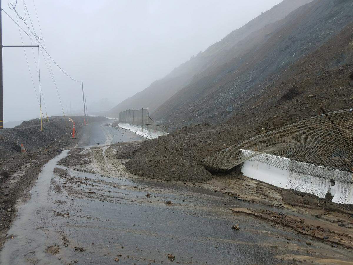 Debris spilled onto Highway 1 in the Paul’s Slide area on Thursday. Caltrans said the road will remain closed until further notice.