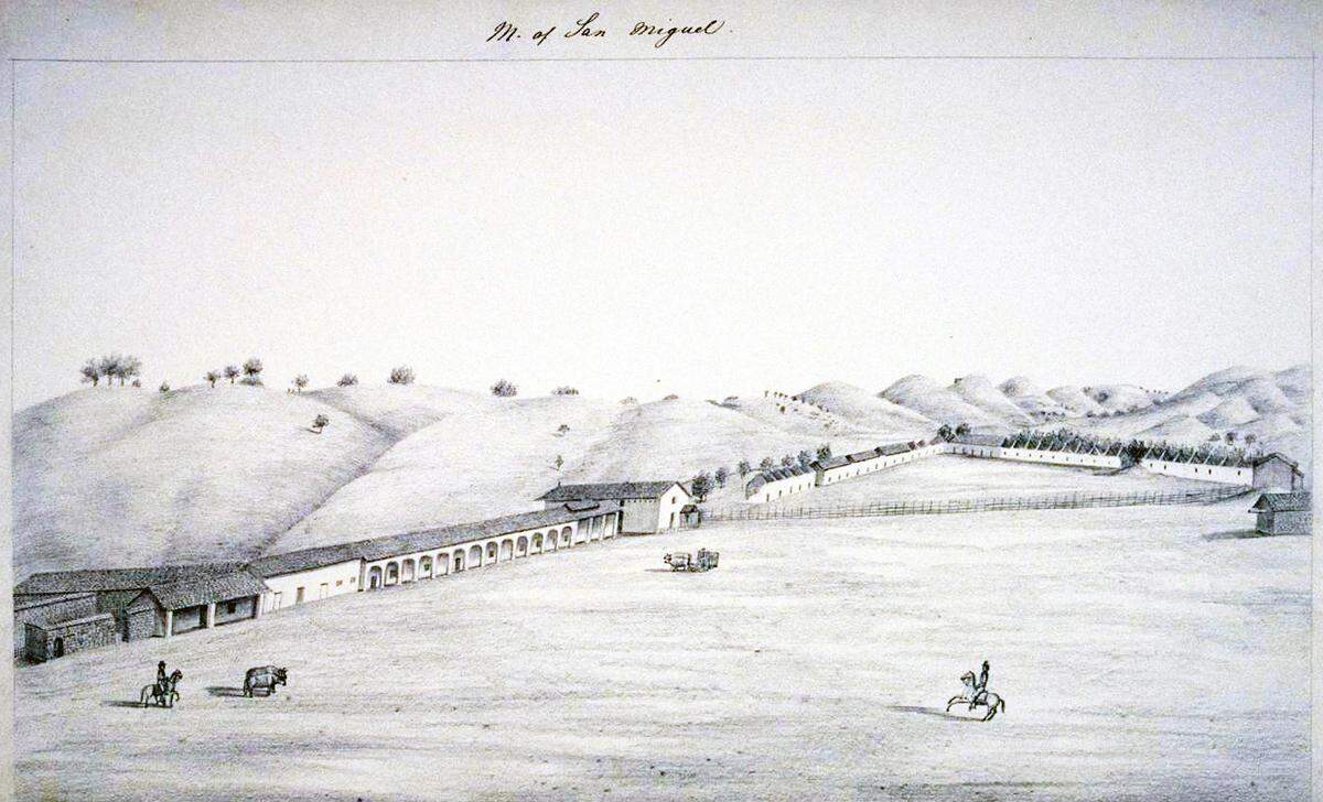 This 1856 sketch by artist Henry Miller shows Mission San Miguel Arcangel as an abandoned mission, just 20 years after Boston merchant Alfred Robinson’s visit.